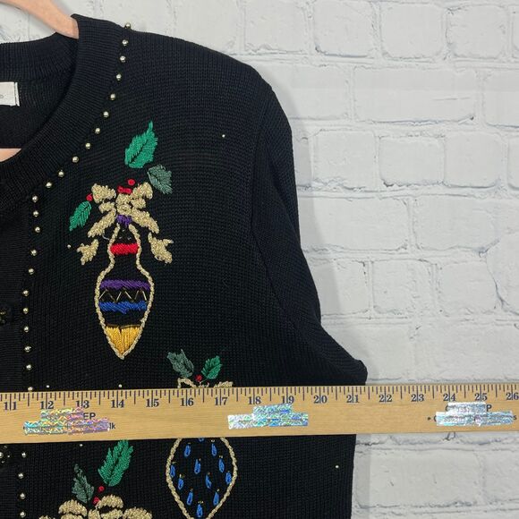 VTG Cardigan Women XL Embroidered Christmas Ornament Beaded Black Retro Sweater - Picture 11 of 12
